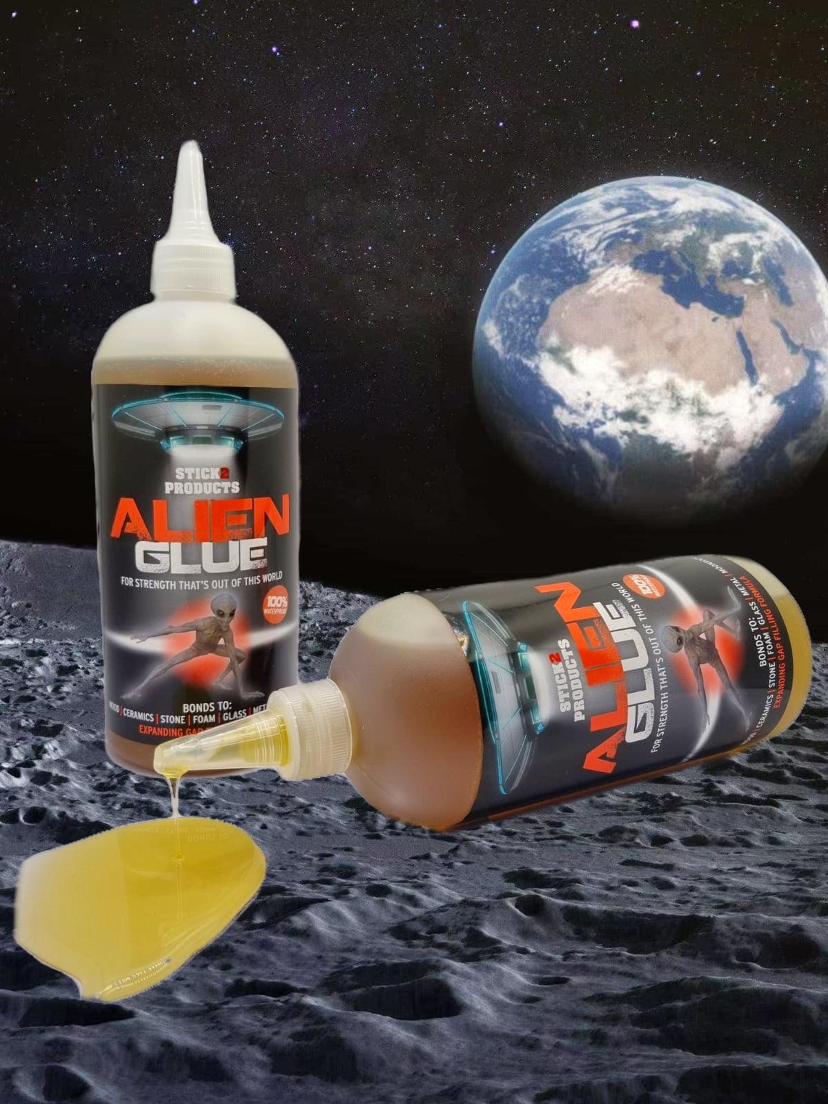 Alien Glue bottle showcased on a moon-like surface, highlighting its powerful waterproof adhesive properties for bonding materials like wood, metal, glass, and ceramic with expanding foam formula.