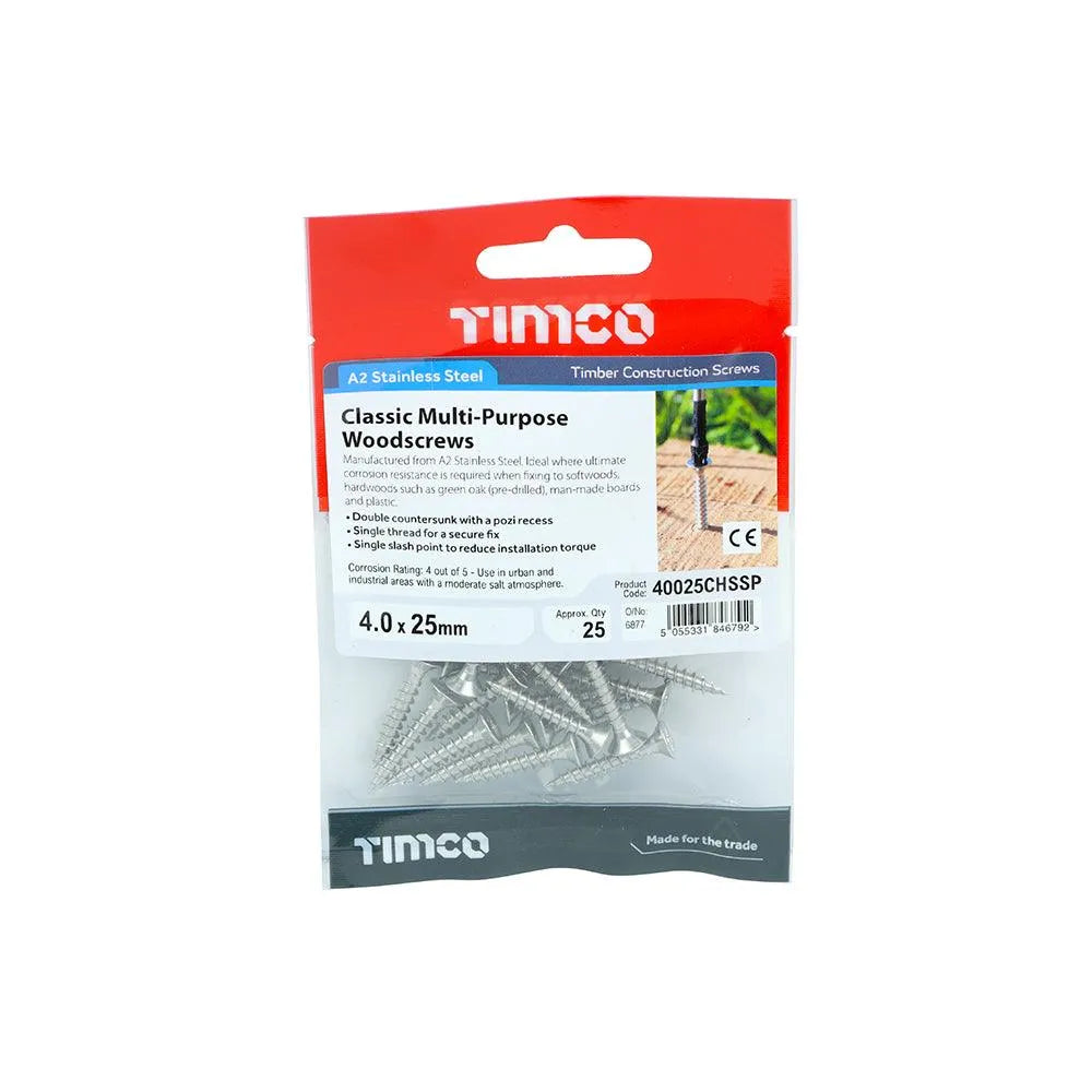 TIMCO Classic Multi-Purpose Countersunk A2 Stainless Steel Woodcrews