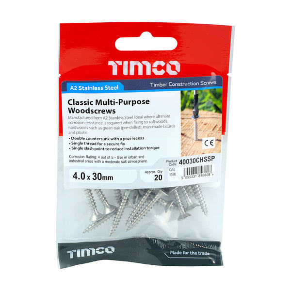 TIMCO Classic Multi-Purpose Countersunk A2 Stainless Steel Woodcrews