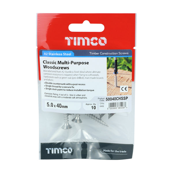 TIMCO Classic Multi-Purpose Countersunk A2 Stainless Steel Woodcrews